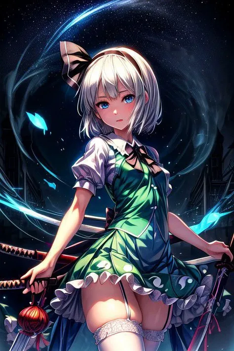 konpaku_youmu_touhou, normal ears, human ears, short_hair, ribbon, hairband, bangs, white_hair, blue_eyes, sword, katana, hitodama, bow, blush, uniform, dress, white dress, hat, sailor collar, Thigh Highs, (masterpiece:1.1)intricate eyes,beautiful detailed eyes,symmetrical eyes,(deep blue eyes), (glowing eyes:1), glowing eyes,(centered,scale to fit dimensions,Rule of thirds), (ultra detailed,extremely detailed),(photorealistic artwork:1.37),(extremely detailed CG unity 8k wallpaper),(((vibrant colors,vibrant theme))),(intricate),(masterpiece),(best quality),
