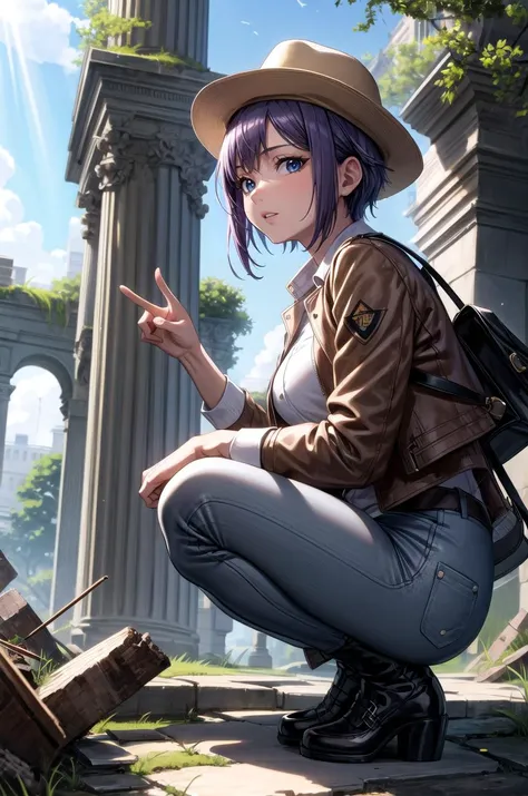 (masterpiece, best quality, detailed), 1girl, solo, athenag, dark-skinned female, purple hair, blue eyes, short hair, medium breasts, looking at viewer, 
fedora, brown headwear, brown pants, black belt, cowboy hat, brown jacket, leather jacket, indiana jones, white shirt, satchel, ruins, overgrown, rubble, pillar, outdoors, building, light rays, fog, squatting, from side, parted lips