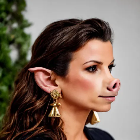 RAW photo, kate beckinsale with a pig nose, snout, headshot, photoshop, photomorph, pig ears , earring, simple background, 8k uhd, dslr, soft lighting, high quality, film grain, Fujifilm XT3