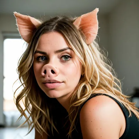 RAW photo, portrait photo of a billie piper with a pig nose, (snout:0.3), pointy ears on side of head, photomorph, simple background <lora:DB-pigwoman-V3.3-512-000003:1>, 8k uhd, dslr, soft lighting, high quality, film grain, Fujifilm XT3