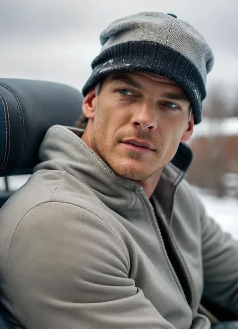 RAW photo of a sks person, sitting in outdoor car ,winter ,snowy , ((wearing cap)), (detailed face), grunge, ((visual kai)), ((full body)), (high detailed skin:1.2), 8k uhd, dslr, soft lighting, high quality, film grain, Fujifilm XT3, <lora:locon_alanritchson_v1_from_v1_64_32:1>
