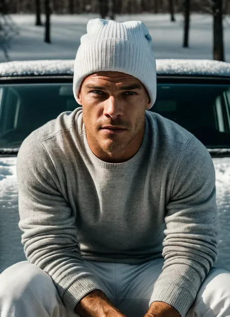 RAW photo of a sks person, sitting in outdoor car ,winter ,snowy , ((wearing cap)), (detailed face), grunge, ((visual kai)), ((full body)), (high detailed skin:1.2), 8k uhd, dslr, soft lighting, high quality, film grain, Fujifilm XT3, <lora:locon_alanritchson_v1_from_v1_64_32:1>