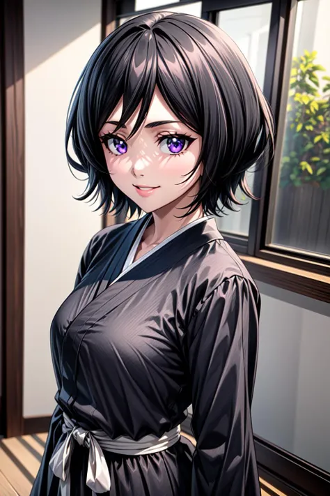 best quality, masterpiece, 1girl, (solo:1.1), raytracing, ultra detailed,detailed face, 8k wallpaper, (wide hips:0.8), <lora:more_details:0.5>, smile, indoor, KushikiRukia_NDV, 1girl, black hair, small breasts, short hair, black kimono, <lora:KushikiRukia_NDV:0.7>