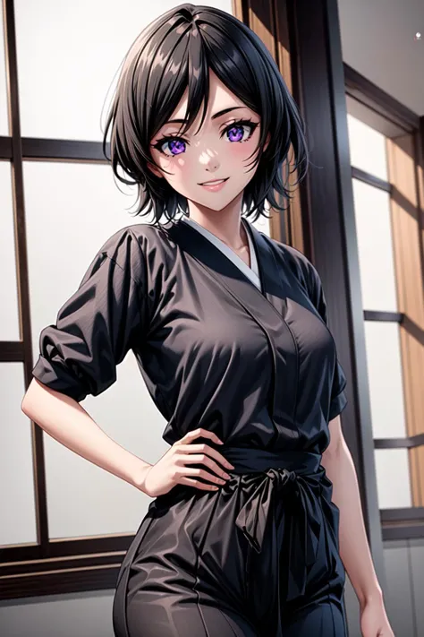 best quality, masterpiece, 1girl, (solo:1.1), raytracing, ultra detailed,detailed face, 8k wallpaper, (wide hips:0.8), <lora:more_details:0.5>, smile, indoor, KushikiRukia_NDV, 1girl, black hair, small breasts, short hair, black kimono,  <lora:KushikiRukia_NDV:0.7>