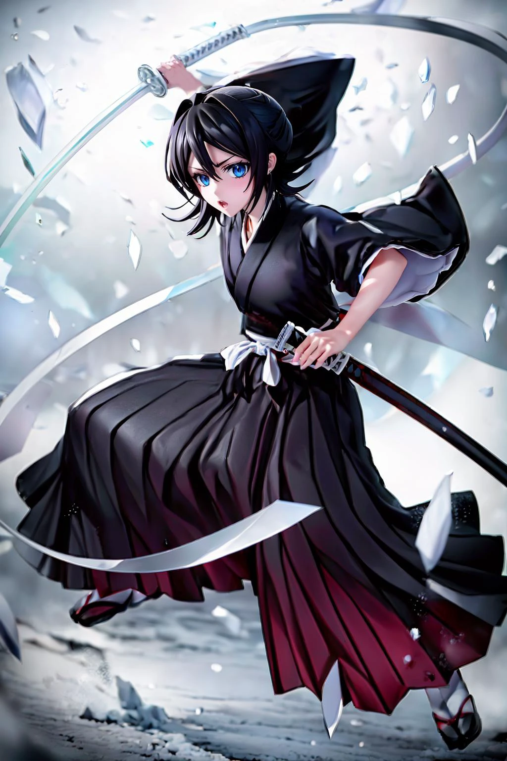 masterpiece, ultra detailed background, delicate pattern, intricate detail, highly detailed, fine details, best quality, studio lighting, 4K, 8K, beautiful detailed eyes, medium breasts, slim girl,
blue eyes, black hair, small breasts, short hair, (black hakama:1.2), (black hakama skirt:1.2), long sleeves, kuchiki rukia, white belt, white ribbon, straw sandals,
holding, holding sword, holding weapon, (holding and waving long katana:1.3), outdoor, snow, ice land, ice effects,
full body, looking at viewer,
<lora:KushikiRukia_NDV:0.9>, KushikiRukia_NDV,
<lora:emotion_angry_slider_v1:2>,
<lora:detail_slider_v4:1>,
<lora:GoodHands-vanilla:1>