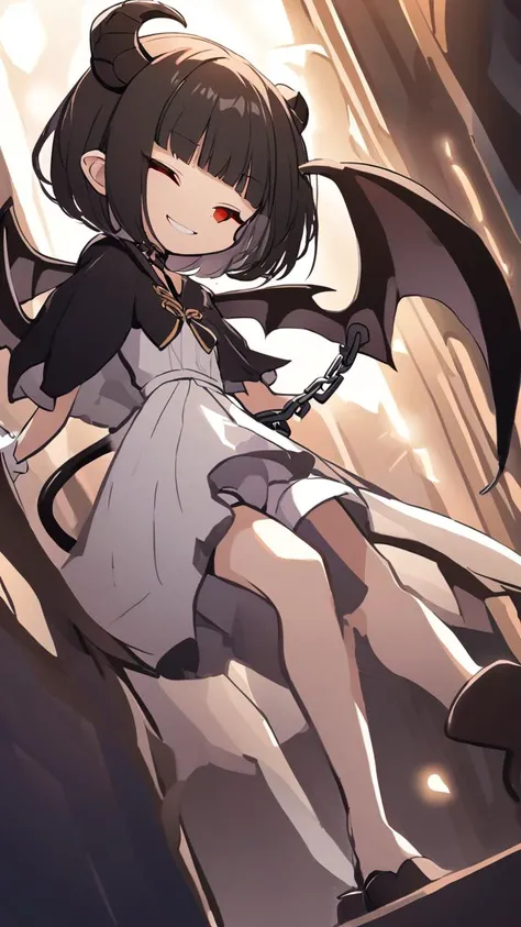 <lora:_XL_PStyles:1> _XL_PStyles, 1girl, petite
head on black sheep horns, bat_wings, demon tail, petite, small breasts, bob cut, blunt bangs, black hair, red eyes, black sclera, closed eyes smile, hime-sode, white dress_shirt, bulb toe wooden_shoes, darkred short_dress gothic, black capelet, white bloomers, chain_choker, wrist_cuffs, extremely quality extremely detailed, illustration, contrapposto, cute anime face cinematic lighting cinematic angle