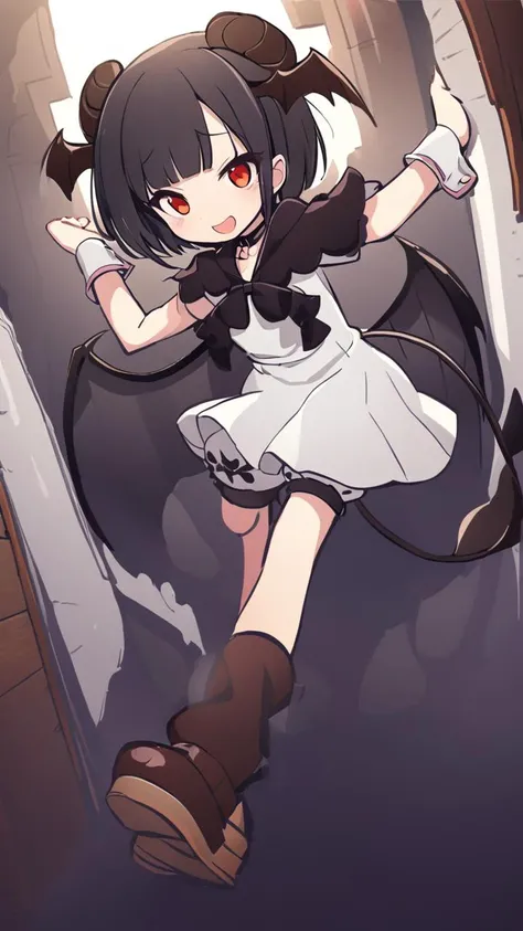 <lora:_XL_PStyles:1> _XL_PStyles, 1girl, petite
head on black sheep horns, bat_wings, demon tail, petite, small breasts, bob cut, blunt bangs, black hair, red eyes, black sclera, Bashful, hime-sode, white dress_shirt, bulb toe wooden_shoes, darkred short_dress gothic, black capelet, white bloomers, chain_choker, wrist_cuffs, extremely quality extremely detailed, illustration, contrapposto, cute anime face cinematic lighting cinematic angle