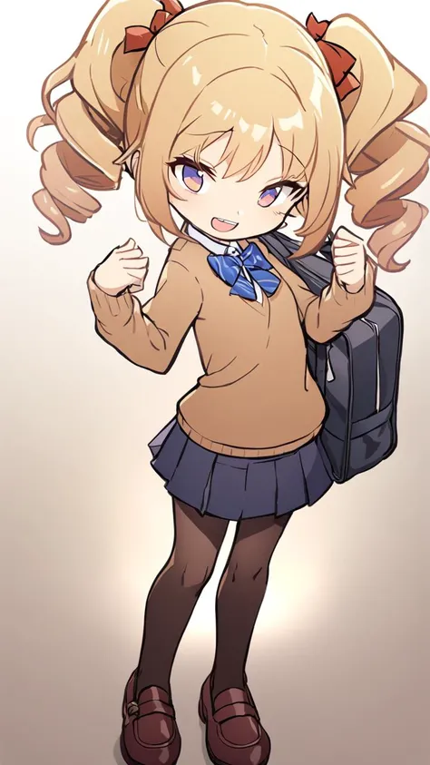 <lora:_XL_PStyles:1> _XL_PStyles, 1girl, young , small beasdt , gradient eyes, transparency blond hair, medium hair , twin ponytails, drill hair , bangs, sideburns , :D upper teeth disgusted eyes, , head_tilt standing , from above, school uniform , brown long sleeve, sweater , pantyhose, school bag, extremely quality extremely detailed, illustration, contrapposto, cute anime face cinematic lighting cinematic angle