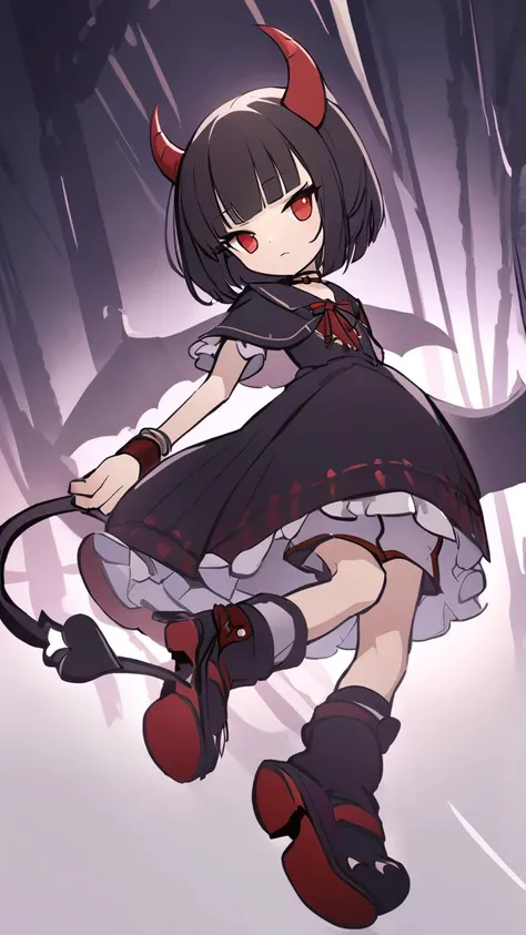 <lora:_XL_PStyles:1> _XL_PStyles, 1girl, petite
head on black sheep horns, bat_wings, demon tail, petite, small breasts, bob cut, blunt bangs, black hair, red eyes, black sclera, embarrassed nose blush smile, hime-sode, white dress_shirt, bulb toe wooden_shoes, darkred short_dress gothic, black capelet, white bloomers, chain_choker, wrist_cuffs, extremely quality extremely detailed, illustration, contrapposto, cute anime face cinematic lighting cinematic angle