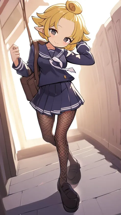 a college student with long curly blonde hair,blue colored eyes,fine lips ,Round face,wearing a dark blue suit and gray pleated skirt in a private school style,huge breasts with cleavage,wide hip,white socks up to the thighs,wearing red tennis shoes,popular girl,university corridor setting
