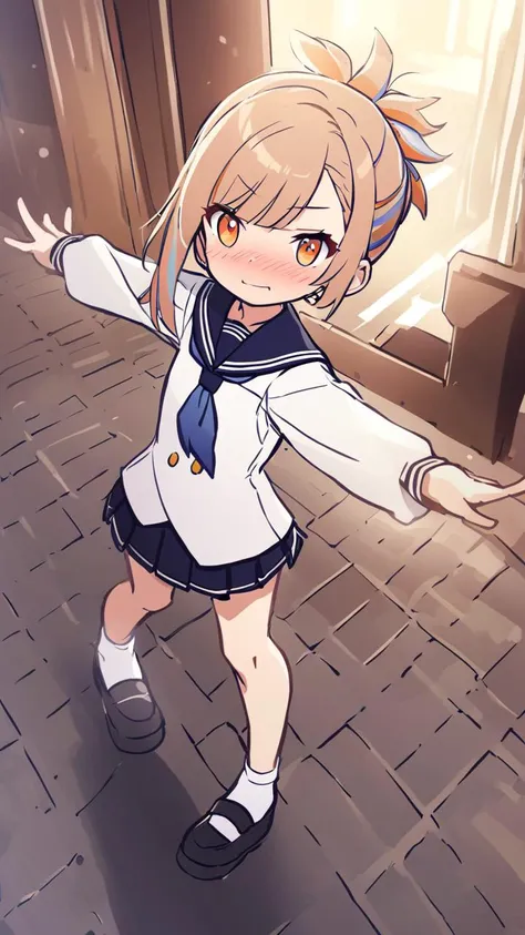 henjump <lora:_sdxl-henjump:1>, 1girl, , cute petite , small beasdt , red eyes, light blond hair, medium hair , double bun, streaked hair , bangs, sideburns , smug, , , POV, school uniform , brown vest , socks, work boots , , Bowling Alley bokeh, depth of field, masterpiece