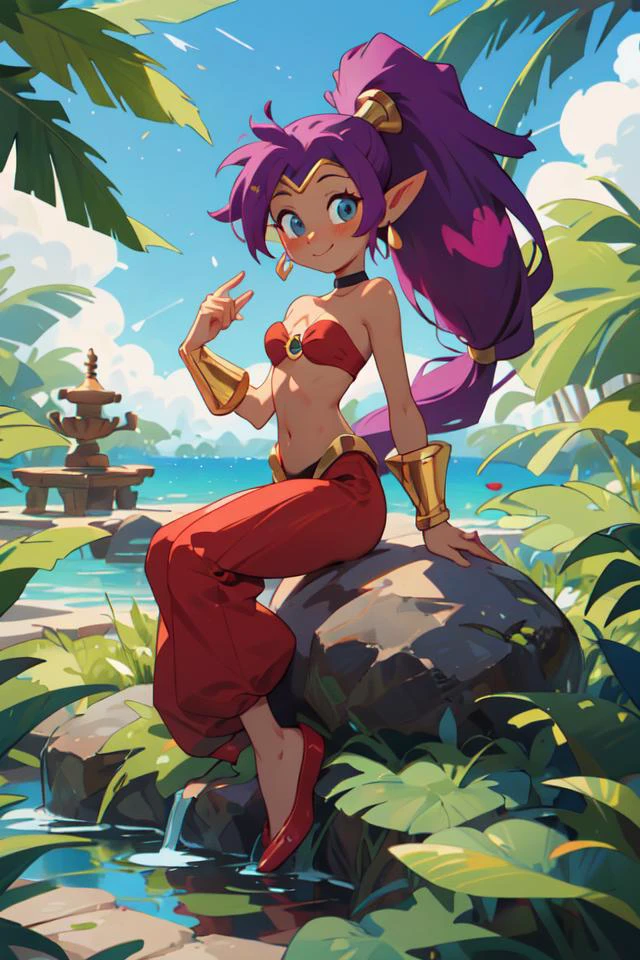 masterpiece, best quality, (full body, colorful, masterpiece, best quality, shiny hair1.2),relaxing in a hot_spring, arabian architecture, tropical, Shantae, tiara, choker, hoop earrings, o-ring bandeau, (golden vambraces), (red harem_pants with gold_trim), navel cutout, <lora:lora:1>, , shantae \(series\), high ponytail, ((tan_skin)), pointy ears, lens flare, blush, rainbow gradient, shiny skin, red_footwear, sitting, knees together feet apart, looking at viewer, head tilt, light smile, steam, leaning_back,