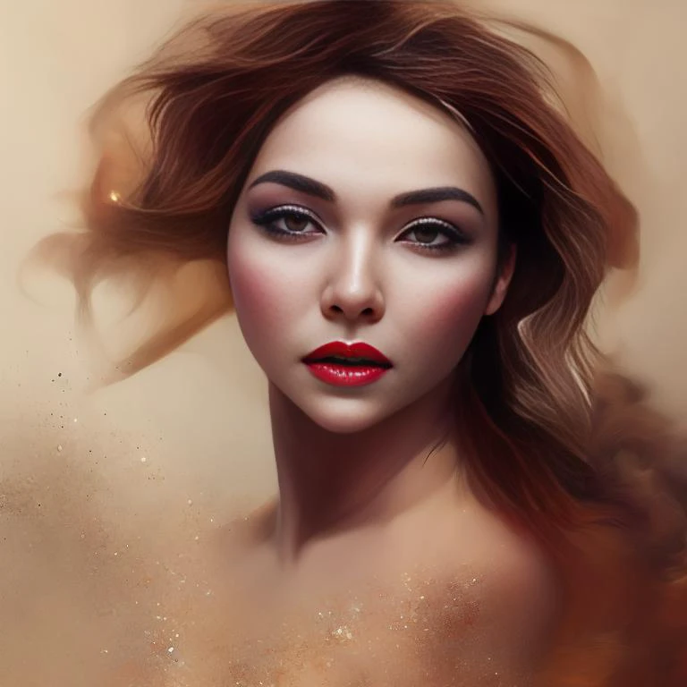 Oldjourney Woman dissolving into liquid oil paint, wind and liquid oil paint swirling around her, facing the camera, ray traced cinematic lighting, photo realistic, ultrafine details, atmospheric, art by Irene Sheri Vishnevskaya