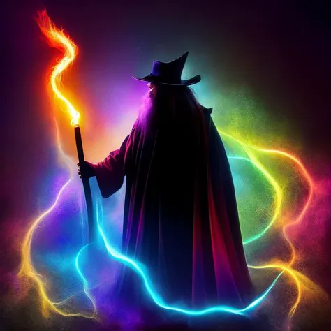 Oldjourney an image of a wizard with a glowing staff turned to the side, black background, light art, full of colors and rich detail, color grunge, profile picture 1024px, glowing liquid, high detailed colors, colorful fire, an old man, blacklight, discord profile picture