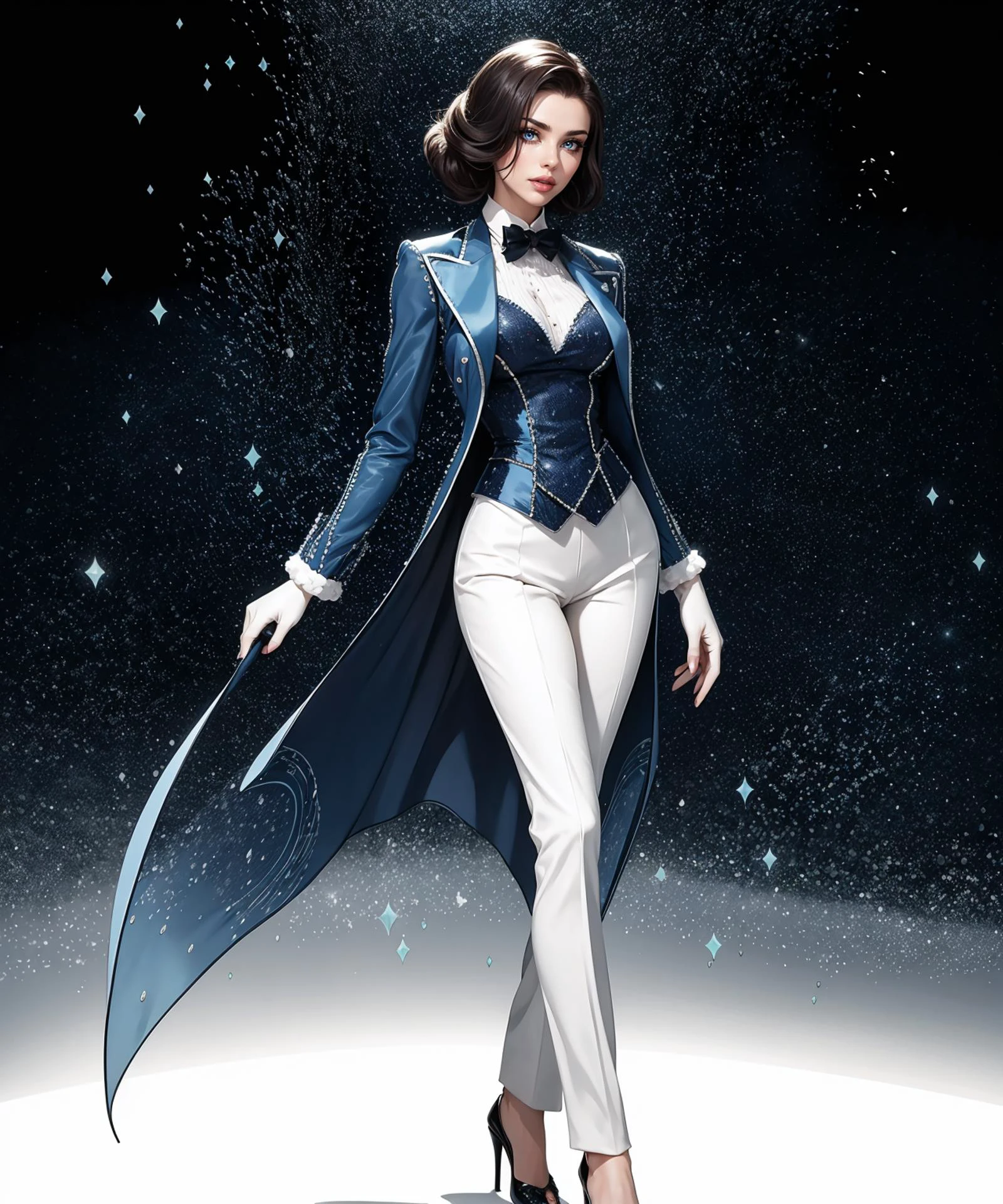 Silhouette style (cinematic) (white gloves), standing, butler outfit, vest, tailcoat:1.2, elegant and sophisticated, Victorian era influence, tailored jacket, crisp white shirt, ascot, high-waisted trousers, polished leather boot heels, detailed embroidery, monochrome color palette, cinematic lighting 8k resolution (too many pearls, beadwork), eyeliner, eyeshadow, makeup, glitter lips ((blue color splash:1.2)) see-through long sleeves 8k resolution, high detail, best quality, high quality, <lora:Outfit_hud-MidnightCrystalGown:0.65>hud_bl_gwn, breathtaking scenery, foreground blur . High contrast, minimalistic, black and white, stark, dramatic