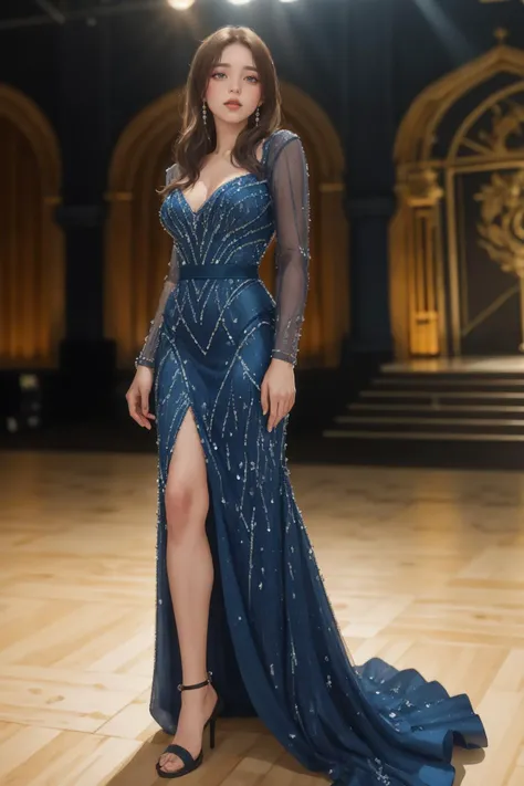 8k,highres,absurdres,masterpiece,best quality,original,extremely detailed CG,extremely detailed wallpaper,perfect lighting,<lyco:GoodHands-beta2:1>,
1girl,solo,blurry_background,looking_at_viewer,standing on the stage,
<lora:blue_gown:0.7>,hud_bl_gwn,long blue V Neck beaded mermaid dress,see-through,long sleeves,
