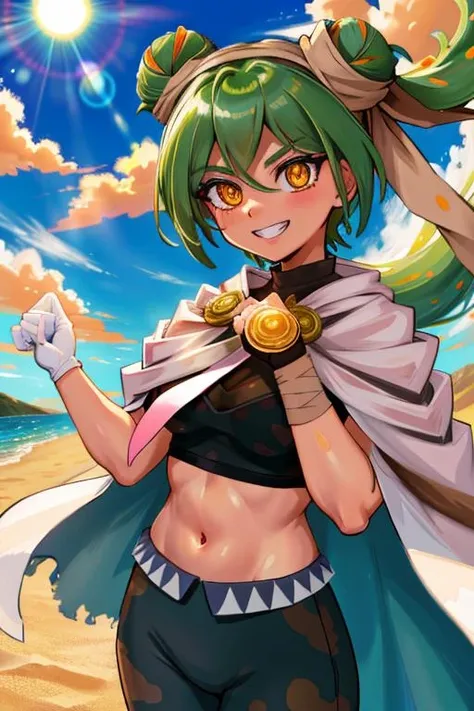 (masterpiece, best quality, highres, ultra detailed:1.2), (solo, 1girl, cowboy shot), jimenmiku, green hair, hair bun, bangs, orange eyes, crop top, gloves, midriff, pants, white cape, bandages, BREAK, grin, teeth, (dynamic pose, blue sky, clouds, sand)