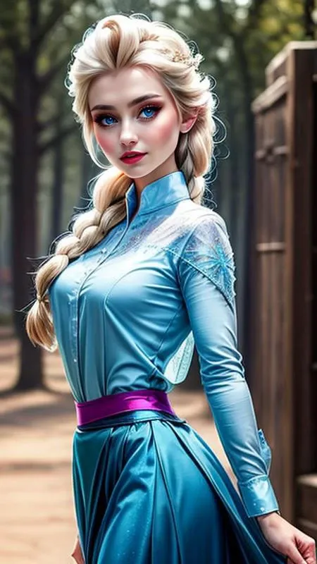 elsa, elsa from frozen, (blue dress), 1girl, holding a magic ice spell, wearing a mechanical mask, (gl1chr03:0.5), (masterpiece, best quality, good quality:1.4), masterpiece, intricate details,  (shirt:1.5), (white shirt), pants, skirt, cute face, detailed face, shaded face, <lora:more_details:0.5> <lora:Elsa:0.6>