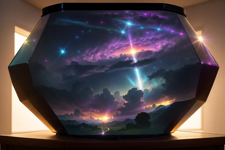 style of gl1chr03, landscape of a Airport from inside of a Church, Moon in the night, by john william waterhouse, charlie bowater, agnes cecile, Mucha and Gabriel Ferrier, Depth of field 100mm f/2.3 sunrise photograph of atmospheric weather contained inside a massive refractive colloid cube, roll cloud supercell flowing into a minimalist intake hole, holes punched through the parallel layers by emissive strands, sharp