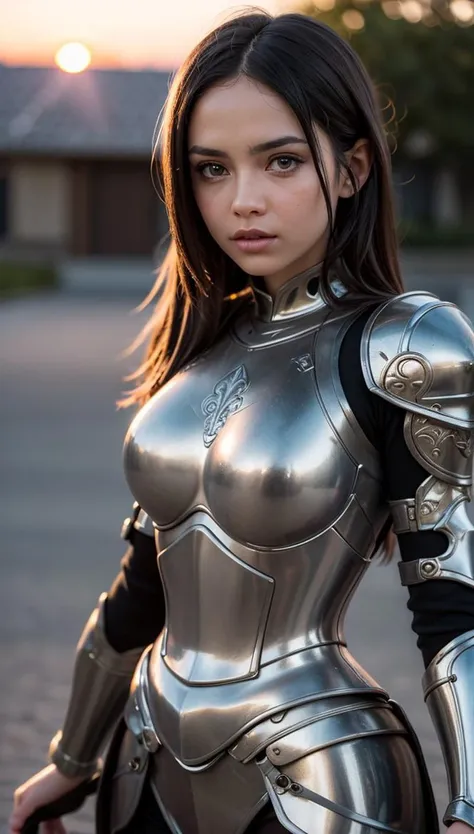 (masterpiece), (extremely intricate:1.3), (realistic), portrait of a girl, the most beautiful in the world, (medieval armor), metal reflections, upper body, outdoors, intense sunlight, far away castle, professional photograph of a stunning woman detailed, sharp focus, dramatic, award winning, cinematic lighting, octane render  unreal engine,  volumetrics dtx, (film grain, blurry background, blurry foreground, bokeh, depth of field, sunset, motion blur:1.3), chainmail