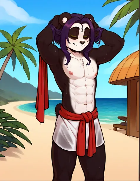 score_9, score_8_up, score_7_up, score_6_up,source_furry,rating_explicit, (solo:1.2), 1boy male muscular, wet fur, wet hair, walking out of the shower, towel around waist, (hands in hair:1.3), eyes closed, fluffy tail, beach hut, tropical, palm tree,, <lora:LiLi_Stormstout_ScorpDK_PDXL-000006:1>, lilistormstout, sdkfullcolour, black fur, white fur,purple hair, green eyes , bear, female,solo,anthro,giant panda