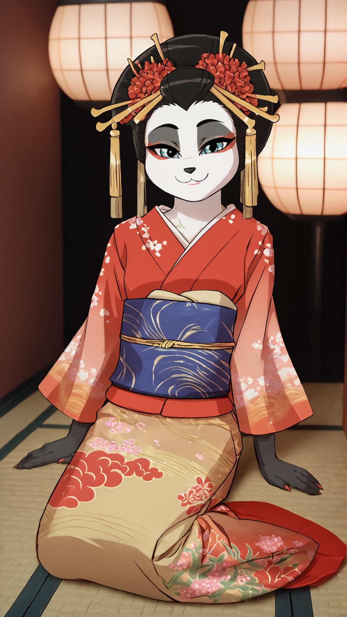 A close up of a cartoon geisha sitting on the floor - SeaArt AI