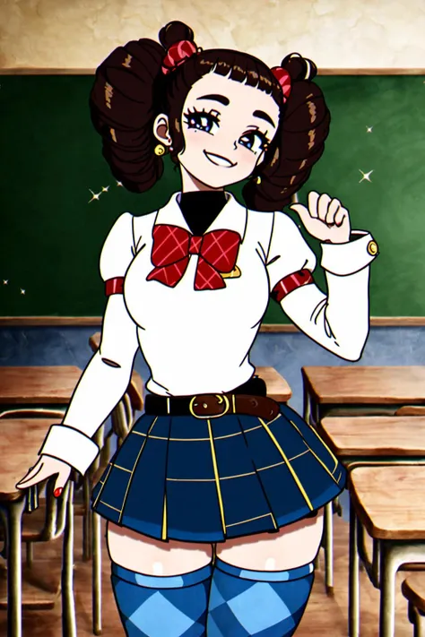 masterpiece, ultra-detailed, best quality, illustration, 8k cg wallpaper, an extremely delicate and beautiful, 1girl, solo, perfect anatomy, cute face, smiling, blushing, sparkling eyes, deep blue eyes, beautiful detailed eyes, dark brown hair, shoulder-length hair, twintails, cute hair accessories, cute earrings, cute choker, slim body, medium breasts, school uniform, perfect arms, perfect hands, perfect fingers, cute arm accessories, cute hand accessories, black belt with gold buckle, light blue plaid miniskirt, cute thigh-high stockings, perfect legs, cute, pretty, beautiful, sexy, perfect body, (background: classroom, desks, chairs, blackboard, windows, intricately detailed items in background), <lora:Cuphead:1>