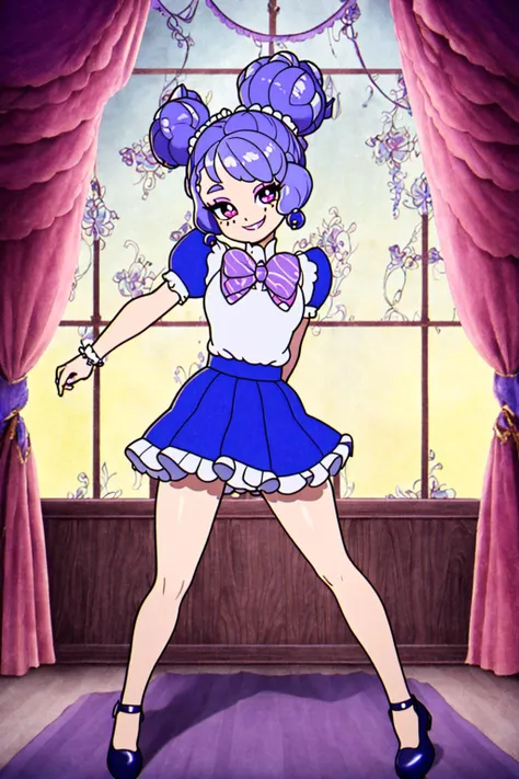 masterpiece, ultra-detailed, best quality, illustration, 8k cg wallpaper, an extremely delicate and beautiful, 1girl, solo, perfect anatomy, cute face, smiling, blushing, sparkling eyes, deep purple eyes, beautiful detailed eyes, lavender hair, short hair, disheveled hair, cute hair accessories, cute earrings, cute necklace, slim body, medium breasts, formal school uniform, perfect arms, perfect hands, perfect fingers, cute arm accessories, cute hand accessories, perfect legs, cute, pretty, beautiful, sexy, perfect body, (background: castle bedroom, bed, desk, chair, window, intricately detailed items in background), <lora:Cuphead:1>