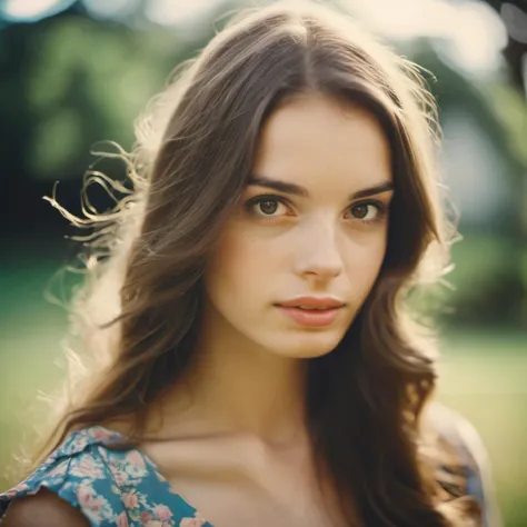 a close up of beautiful woman kassielyn summer dress, hi detail, sharp focus, perfect lighting, awesome, dslr, 4k high quality. extra detail, extra sharp, magical, perfect moment, natural skin, pores, film, film grain, flare, old film, discolored film, magazine paper, 35mm photo, grainy, vignette, vintage, Kodachrome, Lomography, stained, f1.2 50m <lora:kassielyn_lora_xl_40_resized2:1>