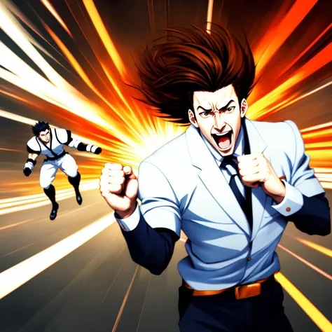 (anime:1), 2 men fight (crazy eyes:1) (crazy face:1) <lora:johnsondesuv15-320-e1:0.4> <lora:crazyExpressions:1> (style of Hirohiko Araki:1)