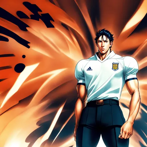 (anime:1), 1 man standing, football shirt (crazy eyes:1) (crazy face:1) <lora:johnsondesuv15-320-e1:0.6> <lora:crazyExpressions:1> (style of Hirohiko Araki:1)