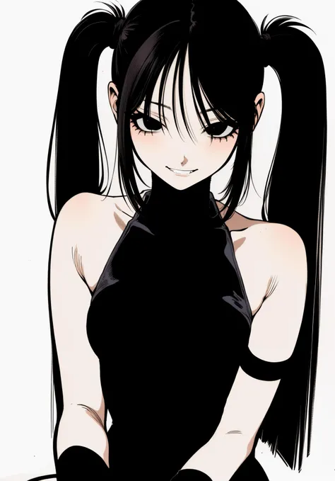 absurdres, (ultra-detailed), masterpiece, best quality, white background, upper body
1girl, face, solo, smirk, small , thick thighs, leather boots
leotard, gloves, thigh strap,
long black hair, twintails
sketch, 1990s \(style\), ligne claire,