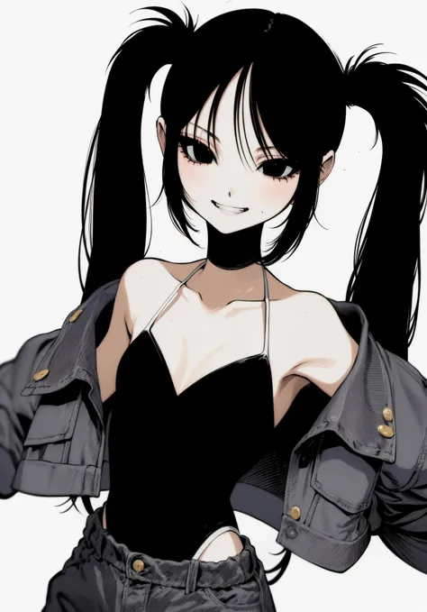 absurdres, (ultra-detailed), masterpiece, best quality, white background, upper body
1girl, face, solo, smirk, small breasts, hips,
leotard, denim shorts, open jacket,
long black hair, twintails
sketch, 1990s \(style\), ligne claire,