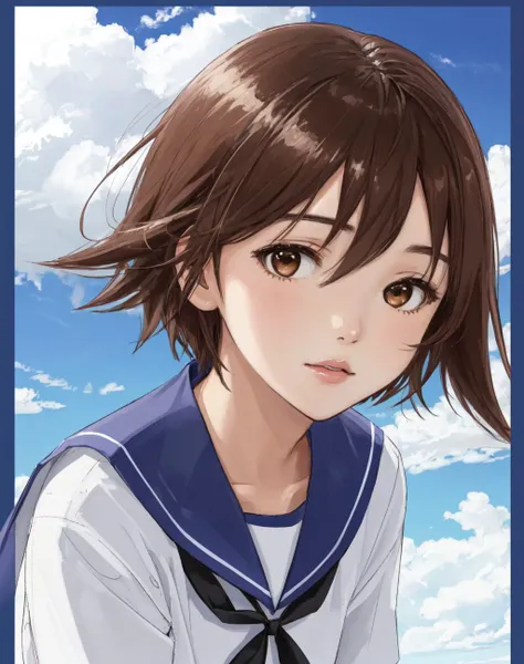 <lora:Yoshika-10:1> Girl , Solo , Yoshika , Uniform , Swimsuit under Clothes, brown hair , brown eyes , sailor collar , short hair , portrait , sky background with border ,
