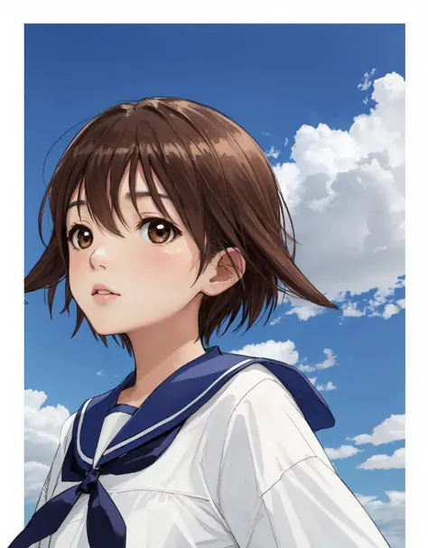 <lora:Yoshika-10:1> Yoshika , Uniform , swimsuit under clothes , sailor collar , short hair , brown eyes , brown hair , portrait , sky background with border ,