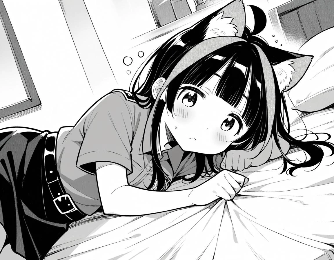 score_9, score_8_up, score_7_up, source_anime,
miniyaemori, <lora:mini-yaemori-manga-ponyxl-lora-nochekaiser:1>,
mini yaemori, long hair, bangs, black hair, blunt bangs, streaked hair, ahoge, greyscale, monochrome,
skirt, shirt, animal ears, short sleeves, collared shirt, belt, cat ears, black skirt, uniform, animal ear fluff, parody, black belt, police, police uniform,
indoors, bed, bed room, on side, blush, drunk,
looking at viewer, dutch angle, cowboy shot, solo,