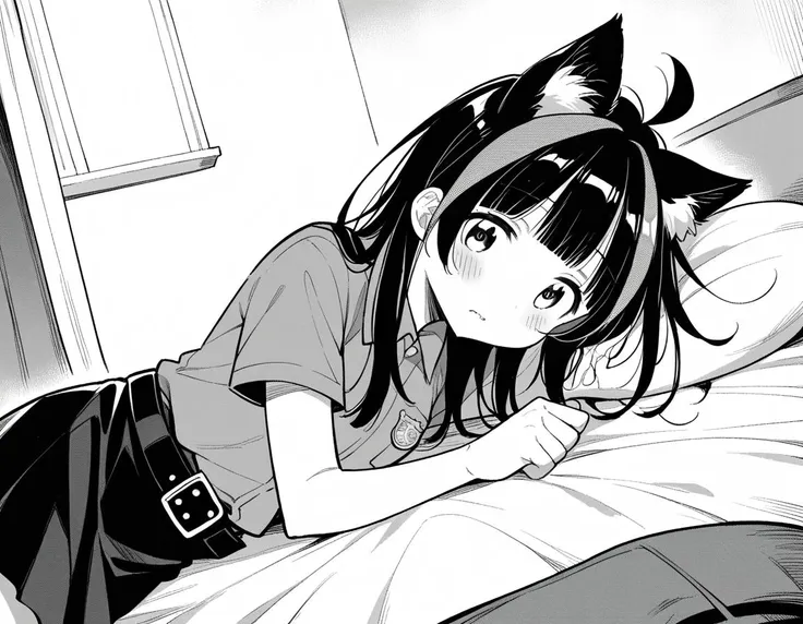 score_9, score_8_up, score_7_up, source_anime,
miniyaemori, <lora:mini-yaemori-manga-ponyxl-lora-nochekaiser:1>,
mini yaemori, long hair, bangs, black hair, blunt bangs, streaked hair, ahoge, greyscale, monochrome,
skirt, shirt, animal ears, short sleeves, collared shirt, belt, cat ears, black skirt, uniform, animal ear fluff, parody, black belt, police, police uniform,
indoors, bed, bed room, on side, blush, drunk,
looking at viewer, dutch angle, cowboy shot, solo,