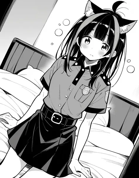 score_9, score_8_up, score_7_up, source_anime,
miniyaemori, <lora:mini-yaemori-manga-ponyxl-lora-nochekaiser:1>,
mini yaemori, long hair, bangs, black hair, blunt bangs, streaked hair, ahoge, greyscale, monochrome,
skirt, shirt, animal ears, short sleeves, collared shirt, belt, cat ears, black skirt, uniform, animal ear fluff, parody, black belt, police, police uniform,
indoors, bed, bed room, on side, blush, drunk,
looking at viewer, dutch angle, cowboy shot, solo,