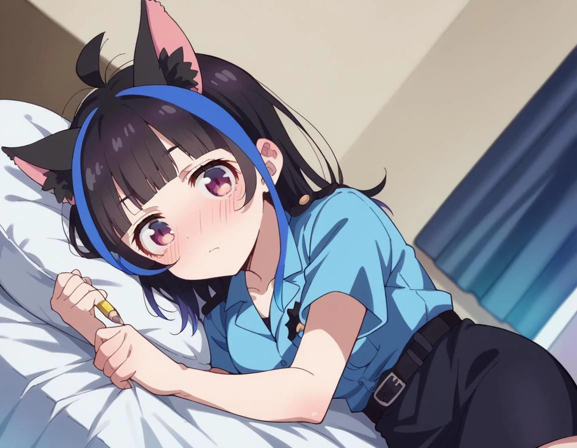 score_9, score_8_up, score_7_up, source_anime,
miniyaemori, <lora:mini-yaemori-s1-ponyxl-lora-nochekaiser:1>,
mini yaemori, long hair, bangs, black hair, blue hair, purple eyes, multicolored hair, blunt bangs, streaked hair, ahoge,
skirt, shirt, animal ears, short sleeves, collared shirt, belt, cat ears, black skirt, uniform, animal ear fluff, parody, blue shirt, pencil skirt, black belt, police, police uniform,
indoors, bed, bed room, on side, blush, drunk,
looking at viewer, cowboy shot, solo, dutch angle,