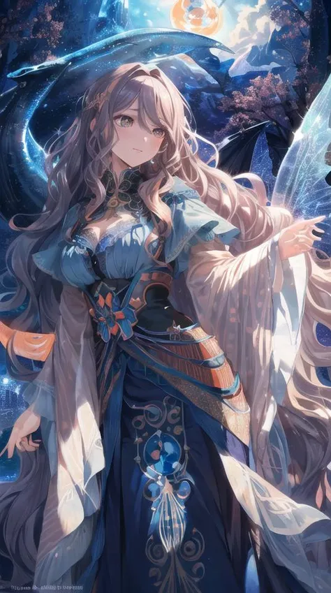 absurdity,In that miraculous realm, the pristine air glows with a blue hue, and a colossal moon reflects upon the transparent surface of a lake, bestowing magical powers, with an enchanting backdrop of delicate fairies dancing,(wide view:1.3), sense of depth,(look away:1.1),(beautiful Background,detailed background:1.5),
(masterpiece, best quality:1.3),beautiful detailed glow,best illuminate,(best quality,textile shading,ultra detailed:1.3),extremely detailed CG unity 8k wallpaper,Highly Detailed beautiful and aesthetic,best light,high resolution,detailed,dynamic lighting,super detailed skin,intricate details, hyper detail, sharp detail,detailed, highres, intricate details,(delicate facial features:1.3), <lora:flat2:-0.15>,BREAK, detailed picture,a glossy picture,catch light,BREAK, 1girl, (Dark salmon eyes:1.6),
(United Nations blue wavy long hair:1.6),
(parted bangs:1.1),BREAK