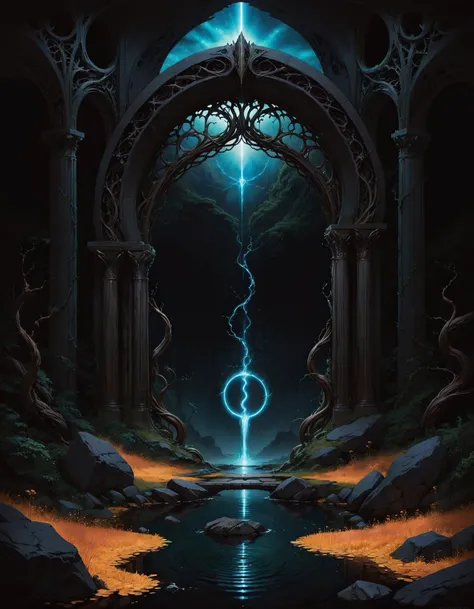 hyper realistic and highly detailed, a mystical magic portal to another dimension in the middle of a vast landscape , inspired by (Alex Toth:1.2) and (Kris Kuksi:1.1) , Art Nouveau art, sleek, organic forms, long, sinuous, art nouveau style, , bold lines, award winning, limited color palette, high contrast, depth of field, (intricate details, masterpiece, best quality:1.4), dramatic lighting, beautiful composition, looking at viewer, dynamic pose
 <lora:quality1:0.7>  <lora:SDXL_black_and_color_Sa_May:0.8> dark, black and color <lora:SexyConiAI:0.7> sexyai <lora:- SDXL - vntblk_vanta_shapes_V1.0:0.7> vntblk, black, dark, background