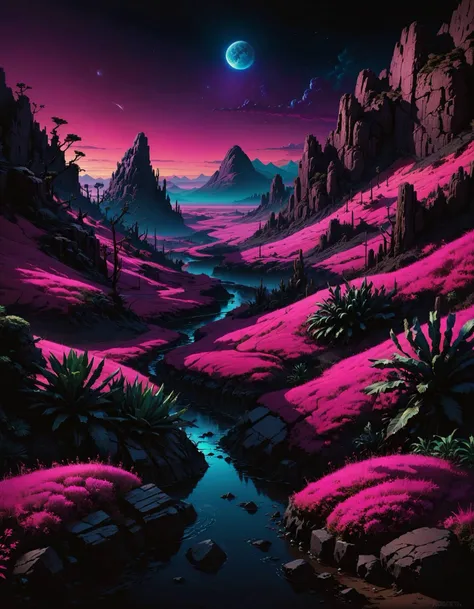 hyper realistic and highly detailed, a bizarre otherworldly landscape , inspired by (Frank Kelly-Freas:1.2) and (Aliza Razell:1.1) , NeonPunk style, cyberpunk, vaporwave, neon, vibes, vibrant, stunningly beautiful, crisp, detailed, sleek, ultramodern, magenta highlights, dark purple shadows, high contrast, cinematic, ultra detailed, intricate, professional, , bold lines, award winning, limited color palette, high contrast, depth of field, (intricate details, masterpiece, best quality:1.4), dramatic lighting, beautiful composition, looking at viewer, dynamic pose
 <lora:quality1:0.7>  <lora:SDXL_black_and_color_Sa_May:0.8> dark, black and color <lora:SexyConiAI:0.7> sexyai <lora:- SDXL - vntblk_vanta_shapes_V1.0:0.7> vntblk, black, dark, background