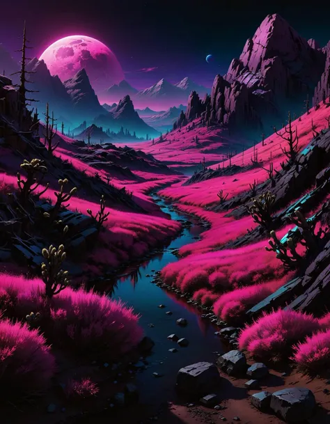 hyper realistic and highly detailed, a bizarre otherworldly landscape , inspired by (Frank Kelly-Freas:1.2) and (Aliza Razell:1.1) , NeonPunk style, cyberpunk, vaporwave, neon, vibes, vibrant, stunningly beautiful, crisp, detailed, sleek, ultramodern, magenta highlights, dark purple shadows, high contrast, cinematic, ultra detailed, intricate, professional, , bold lines, award winning, limited color palette, high contrast, depth of field, (intricate details, masterpiece, best quality:1.4), dramatic lighting, beautiful composition, looking at viewer, dynamic pose
 <lora:quality1:0.7>  <lora:SDXL_black_and_color_Sa_May:0.8> dark, black and color <lora:SexyConiAI:0.7> sexyai <lora:- SDXL - vntblk_vanta_shapes_V1.0:0.7> vntblk, black, dark, background