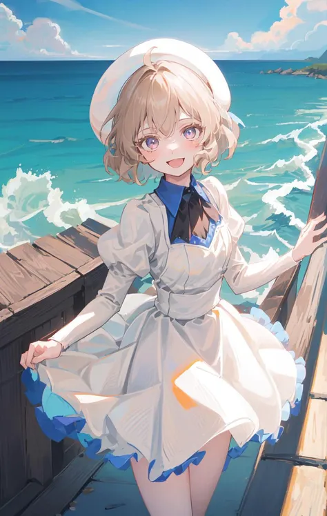 masterpiece, best quality, (35mm f2.0:1.5),
iwanaga_kotoko, solo, smile,dress, hat, white dress,
floating hair, at beach, in sunny day, in evening,ocean,
standing, cowboy shot, facing viewer, from above