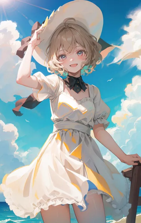 masterpiece, best quality, (35mm f2.0:1.5),
iwanaga_kotoko, solo, smile,dress, hat, white dress,
floating hair, at beach, in sunny day, in evening,ocean,
standing, cowboy shot, facing viewer, from below