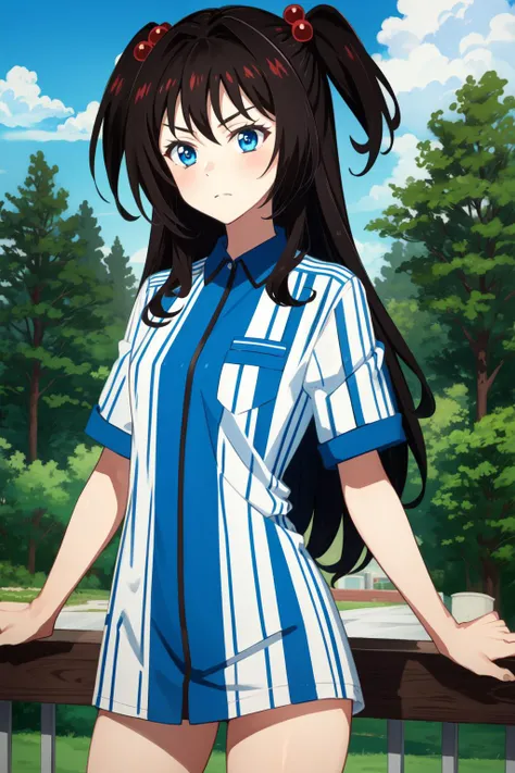 (Masterpiece:1.4), (best quality:1.2), <lora:lamdimia_do_aximemorV2-000020:1>, lamdimia do aximemor, 1girl, vertical-striped shirt, hair bobbles, two side up, long hair, employee uniform, dress shirt