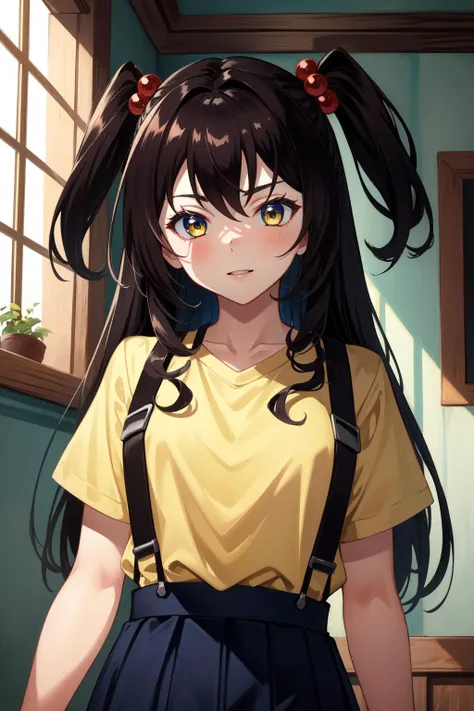 (Masterpiece:1.4), (best quality:1.2), <lora:lamdimia_do_aximemorV2-000020:0.8>, lamdimia do aximemor, 1girl, suspenders, yellow shirt, skirt, hair bobbles, two side up, long hair, upper body