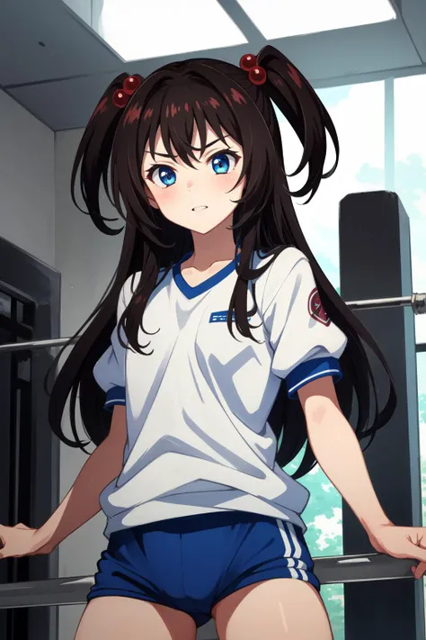 (Masterpiece:1.4), (best quality:1.2), <lora:lamdimia_do_aximemorV2-000020:0.8>, lamdimia do aximemor, 1girl, gym uniform, buruma, hair bobbles, two side up, long hair