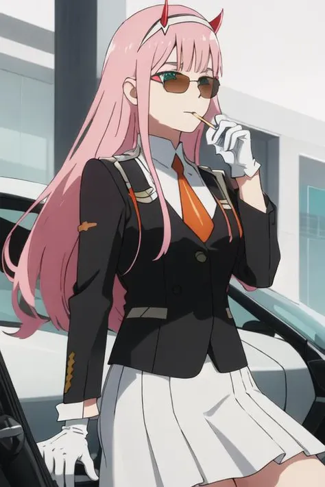 best quality, masterpiece, highres, solo, {black business suit:1.40}, {tie:1.20}, {sunglasses:1.25}, {white gloves:1.15}, {white shirt:1.10}, {black skirt:1.15}, {smoking:1.20}, handsome, {02_darlinginthefranxx:1.15}, long_hair, pink_hair, horns, bangs, hairband, green_eyes, white_hairband, closed_mouth, makeup, straight_hair, eyeshadow, aqua_eyes