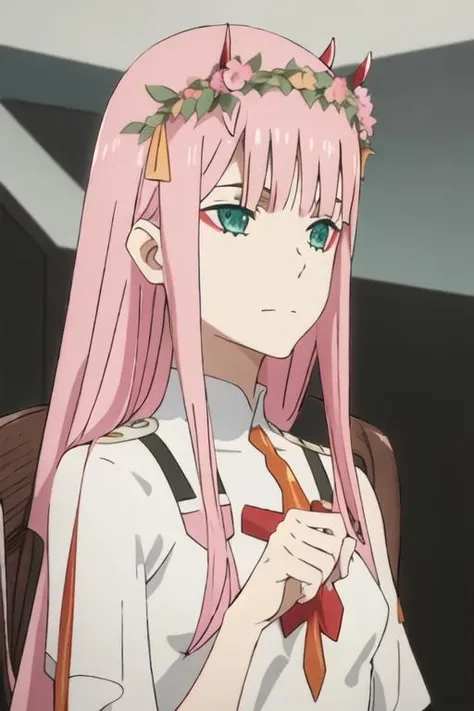 best quality, masterpiece, highres, solo, {02_darlinginthefranxx:1.15}, long_hair, pink_hair, horns, bangs, hairband, green_eyes, white_hairband, closed_mouth, makeup, straight_hair, eyeshadow, aqua_eyes, 1girl, flower, hair_flower, hair_ornament, head_wreath